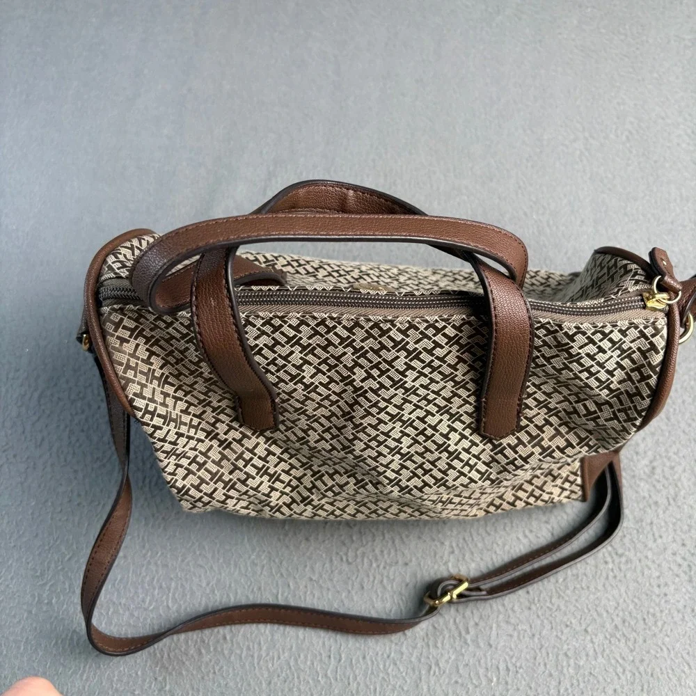 Tommy Hilfiger Monogram Jacquard Satchel Crossbody Bag Brown Tan Gold Tone